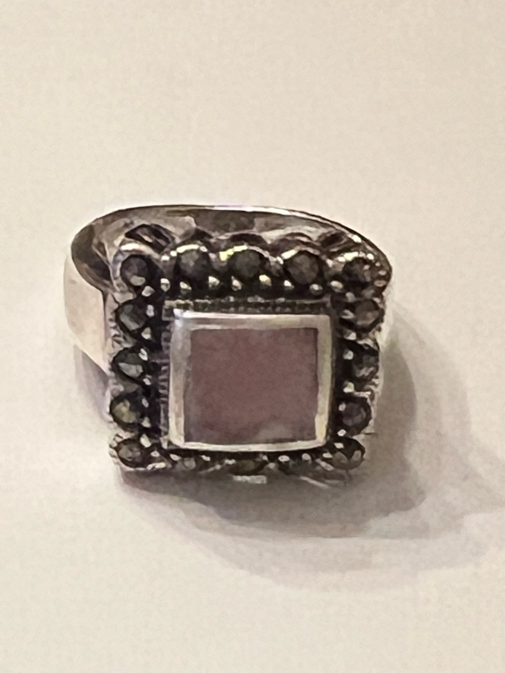 Heavy sterling silver 925 size 6 ring with square pink stone and marcasites
